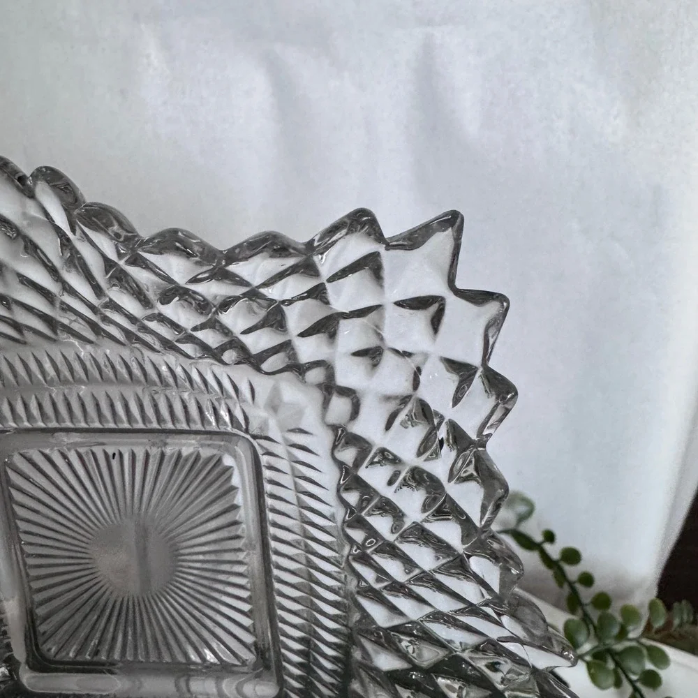 Vintage Clear Pressed Glass Ash Tray Diamond Point Sunburst Sawtooth Rim 7in